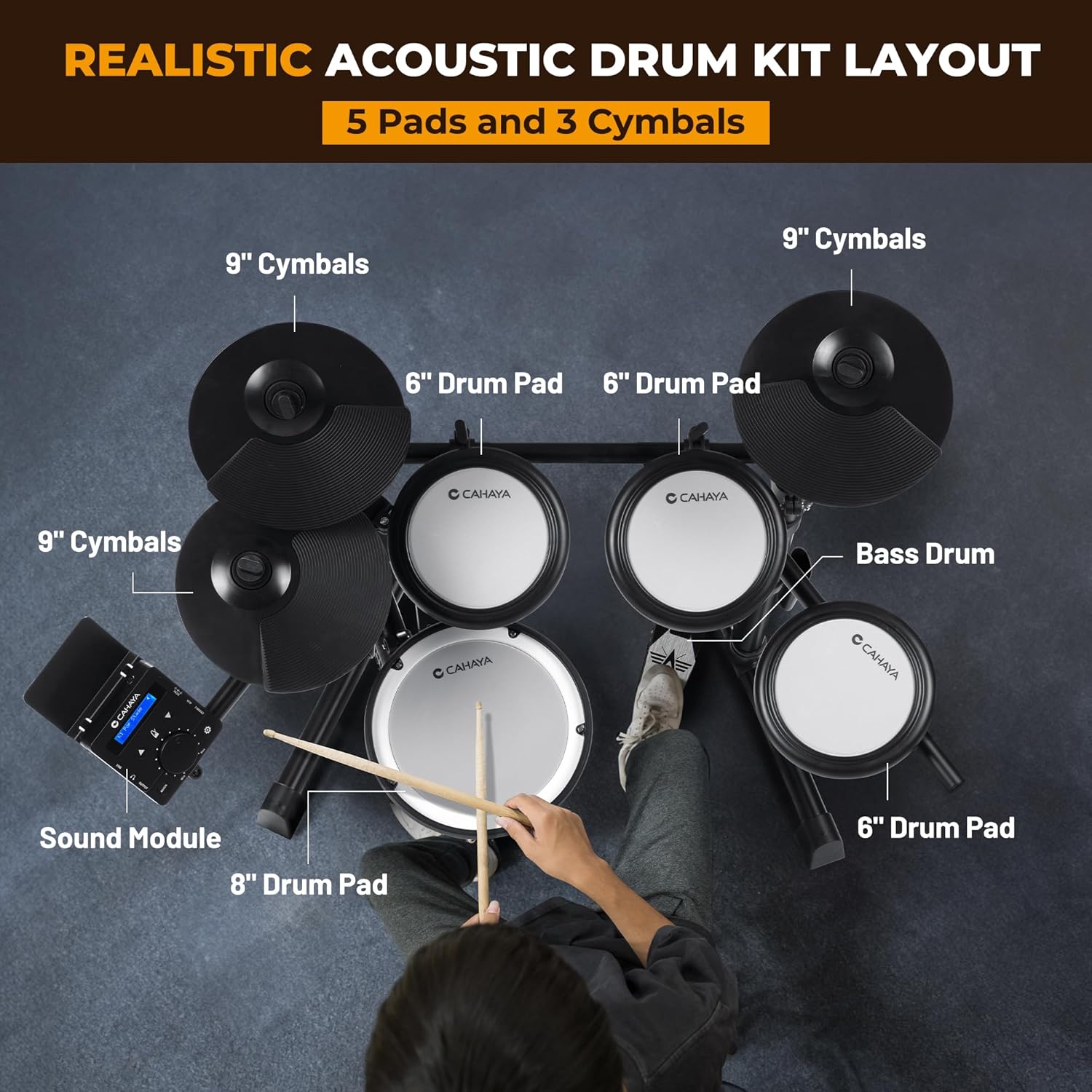 CAHAYA Electric Drum Set – Beginner Electronic Drum Kit for Kids & Adults, Portable Quiet Mesh Pads, 350 Sounds, 25 Kits, Headphones & Drum Throne, Ideal Xmas Gift