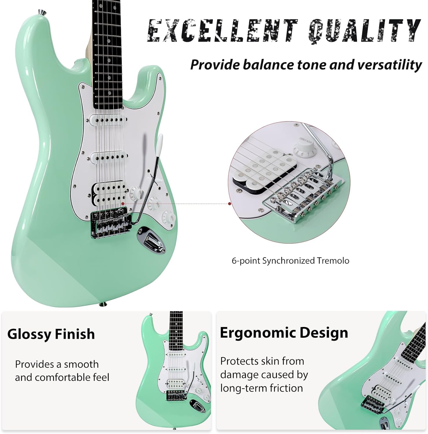 Tostar Beginner Electric Guitar with Amp Full Size Kit 6 String HSS Pickup with Gig Bag,Capo,Tremolo,Tuner, Strap, Picks Surf Green Electric Guitars Stratocaster 39