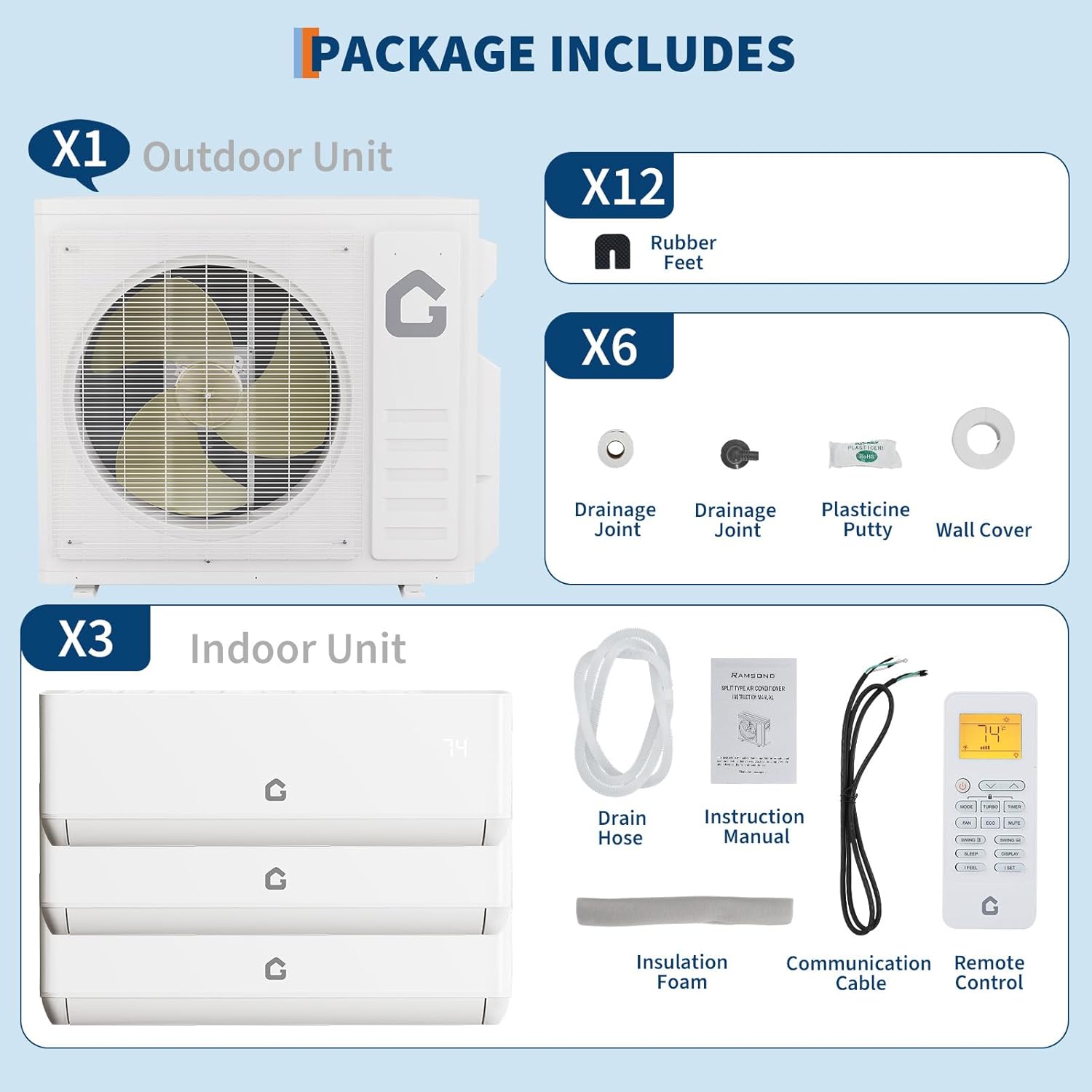 Garvee 24 SEER2 27K BTU 3 Zone Mini Split AC/Heating System, 12000 12000 12000 BTU Tri Zone Mini Split Air Conditioner, Wifi Enabled 208-230V Ductless AC Cool Up to 2250 Sq. Ft