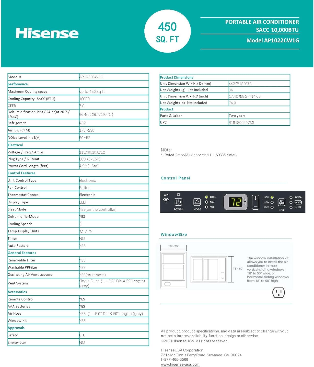 Hisense 3-in-1 Portable Smart Air Conditioner Wi-Fi 10,000-BTU 450-sq. ft. ConnectLife App, Remote control, Quiet operation 50 dB - AP1022CW1G (Renewed)
