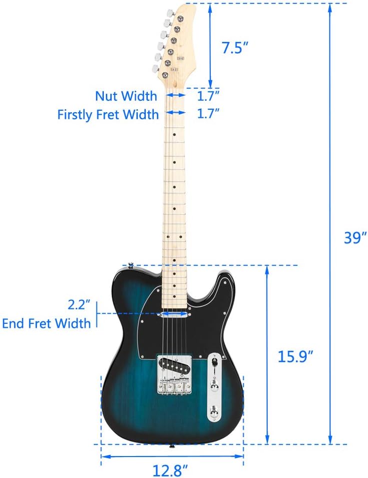 39 Inch Electric Guitar,Maple Fingerboard Electric Guitar SS Pickup Case & Accessories Pack Beginner Starter Package Beginner Kit for Starter (Blue)