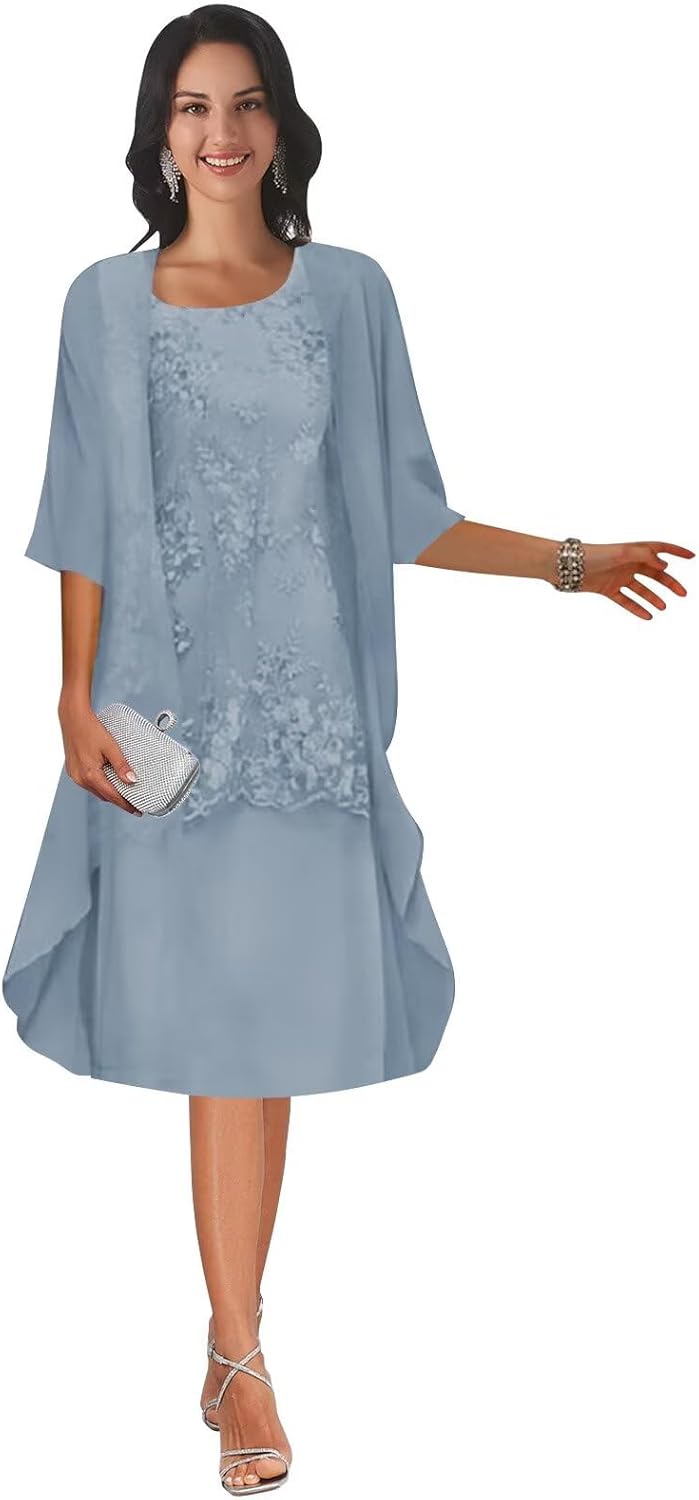 POMUYOO 2 Piece Short Mother of The Bride Dresses for Wedding Tea Length Lace Formal Evening Dress with Jacket