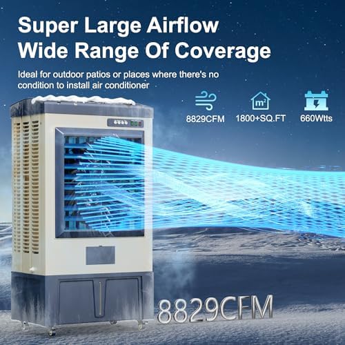 Swamp Cooler,8829 CFM Evaporative Air Cooler,36 Gal Water Tank Outdoor Air Conditioner,3 Speed,Suitable for Indoor & Outdoor Garage,Patio,courtyard,factory workshop,55inch,Blue