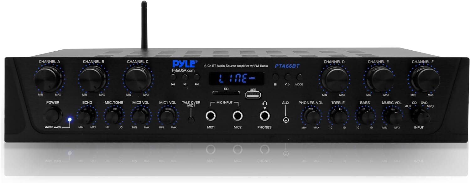 Pyle Bluetooth Home Audio Amplifier - 6 Channel Stereo Receiver Amp, 600 Watt Power, Commercial or Karaoke with Mic Talkover, Headphone Jack, 1/4'' Microphone In, USB SD AUX RCA FM Radio