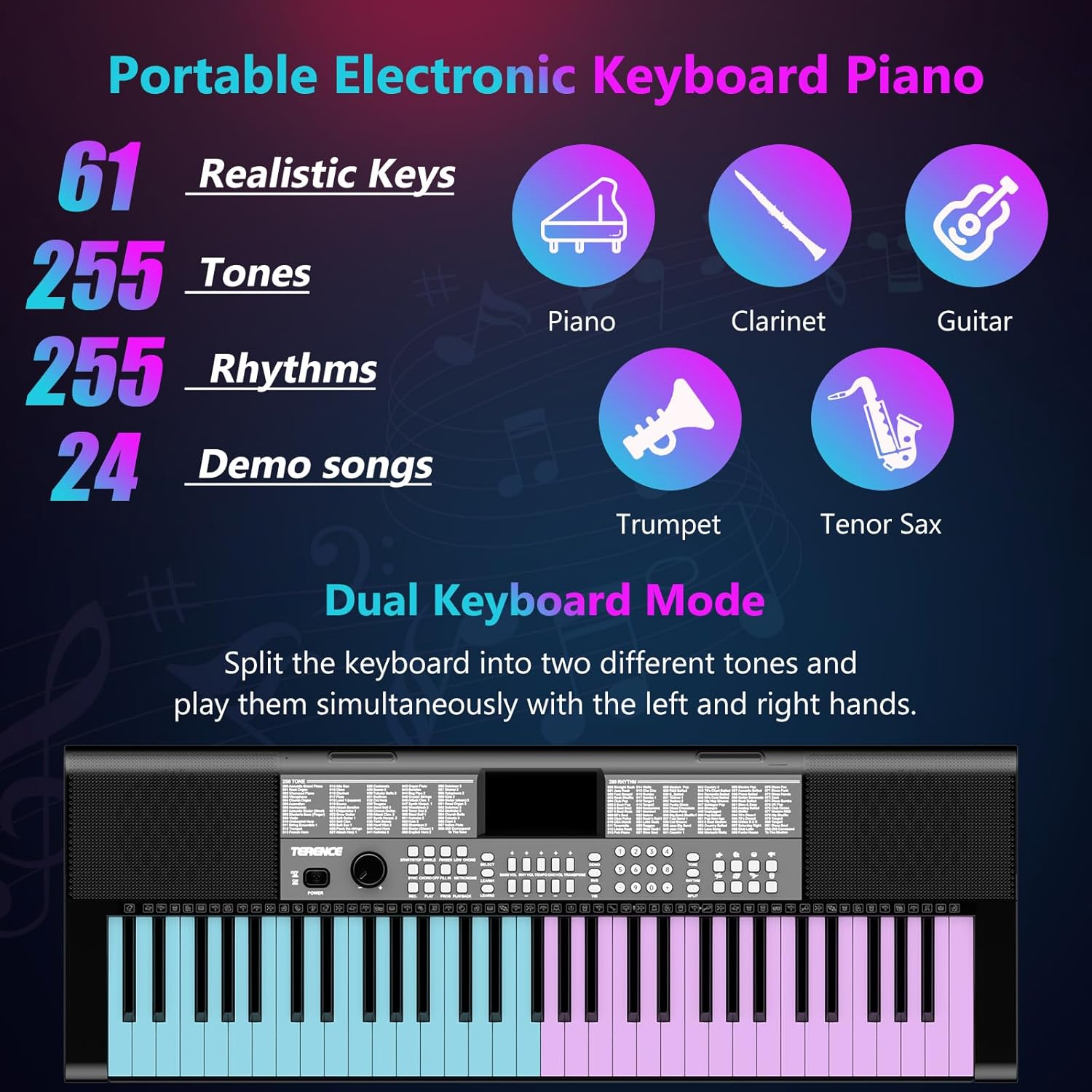 TERENCE Keyboard Piano 61 Keys Dual HiFi Speakers Digital Piano with 51 Panel Function Buttons LED Display Dual Keyboard 2 Power Options Electric Piano Support for Headset and Microphone