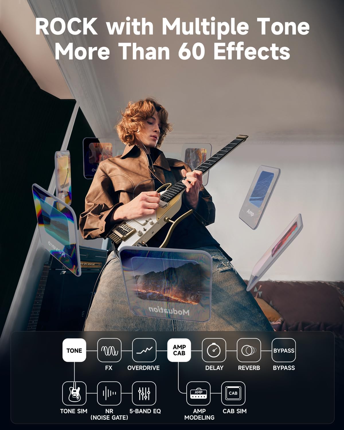 Donner HUSH X PRO Electric Guitar Kit - Smart Travel Guitar with Dozens of Preset Combinations, 7 Tone Sim Options, White-Luxe and Donner Mini Guitar Amp Small Electric Amplifier 5W