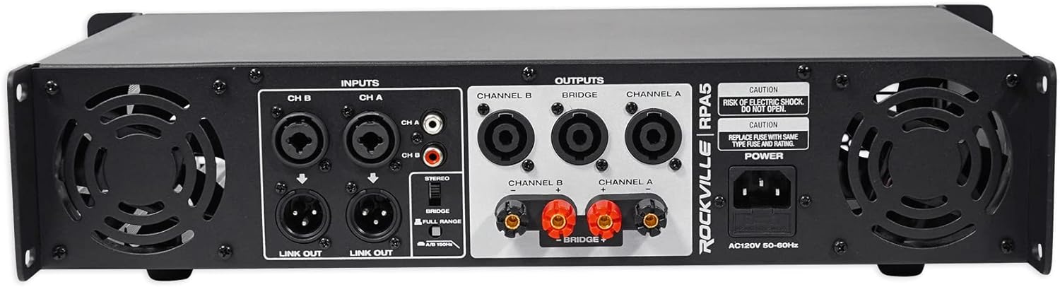 Rockville RPA5 2-Channel Power Amplifier, 200W RMS @ 4 Ohm, 1000W Peak, Stereo/Mono Switch, Built-in Crossover, for DJs, Live Sound, and Pro Audio