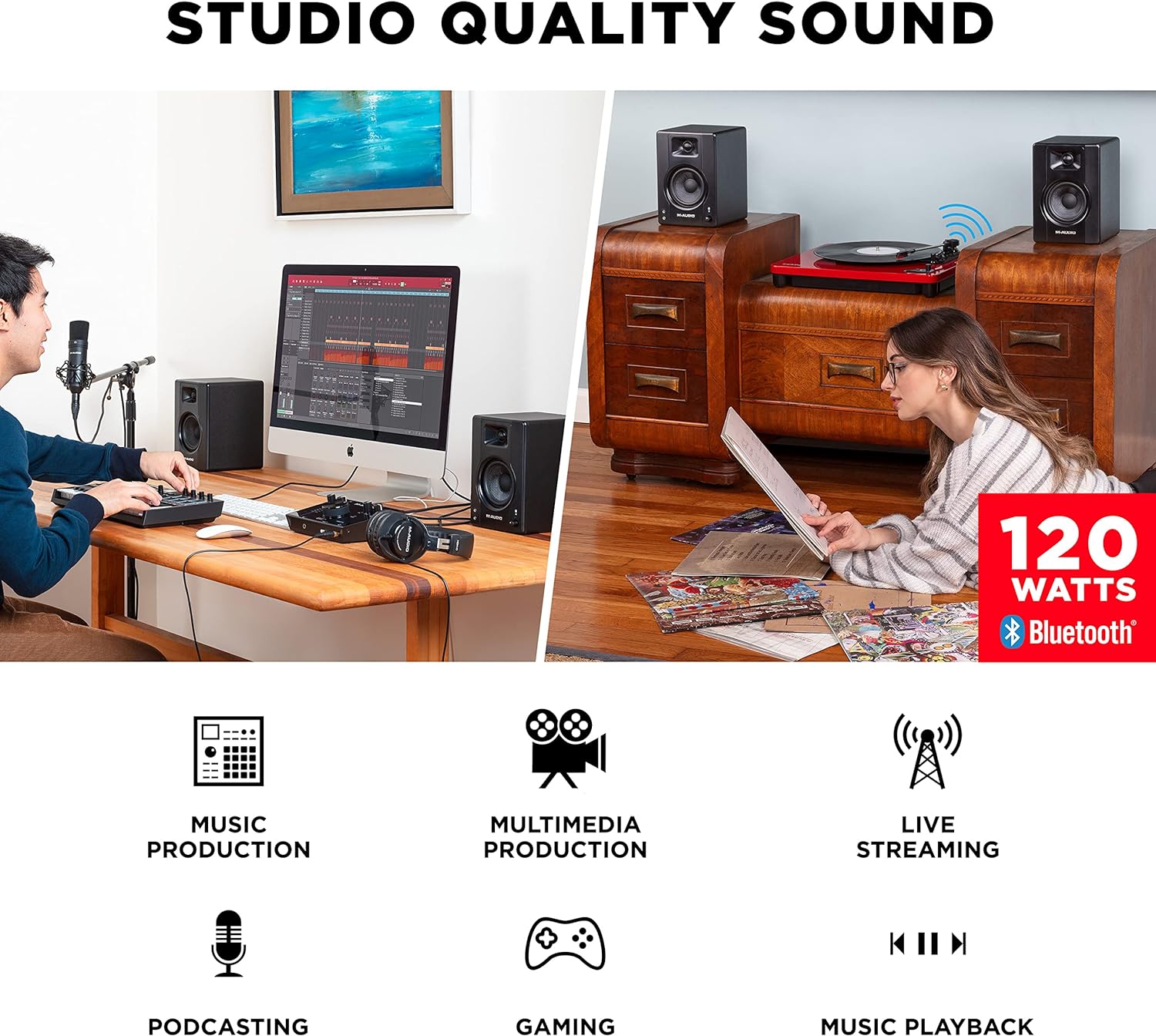 M-AUDIO BX4 Pair Bluetooth Studio Monitors Bundle with Dual XLR Audio Interface and Headphones for Studio Recording, Music Production, Podcasting, Streaming