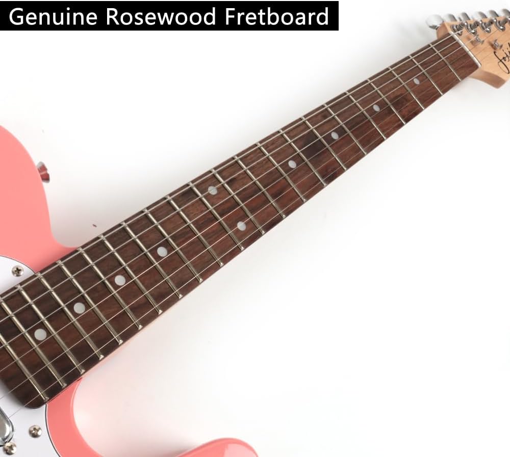 Fojill FTL-30 Electric Beginner Starter Guitar Solid Body Full Size Genuine Rosewood Fretboard With Gig Bag Strap(Baswood Body Pink)