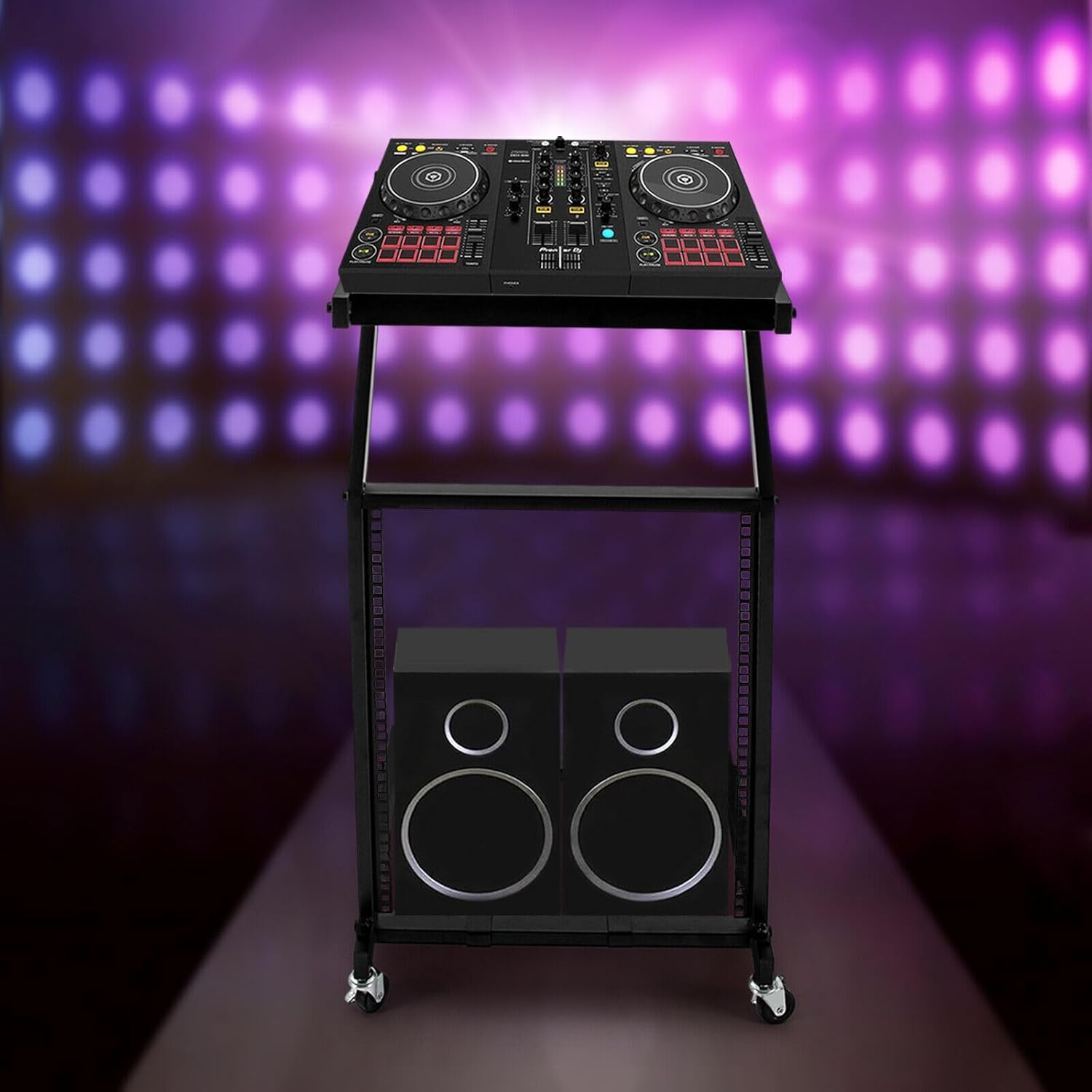 12U DJ Mixer Stand, Adjustable 2-Tier Universal Rack with Wheels for Studio, Stage, Club, and Live Sound Equipment, Heavy Duty Iron, Black, Fits Amplifiers, Mixers, Karaoke Gear, Music Instruments