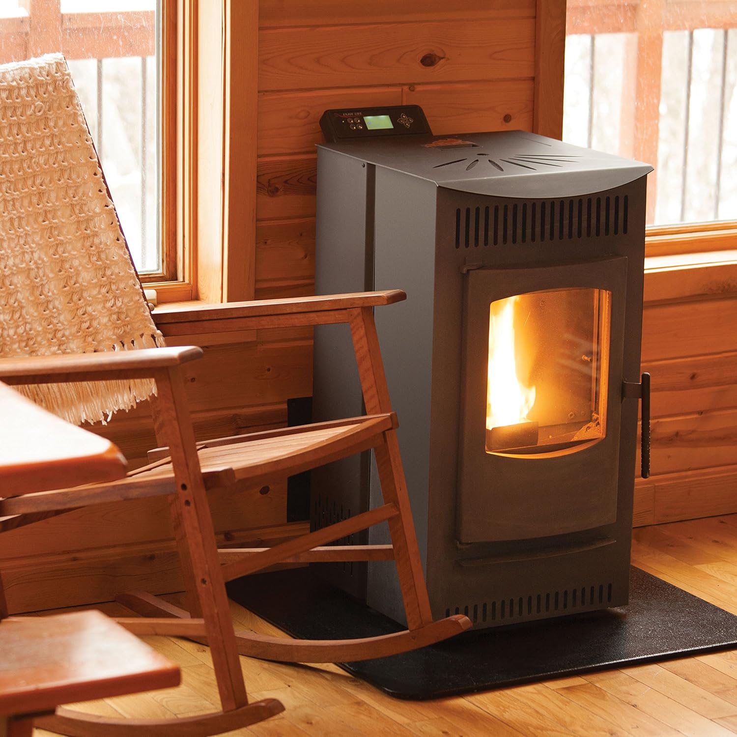 Castle Wood Pellet Stove Serenity 12327 Indoor Heating Temperature Control, Free Standing with Flame Window and Smart Controler, 18- ¼”W x 34”H x 23 ¾”D
