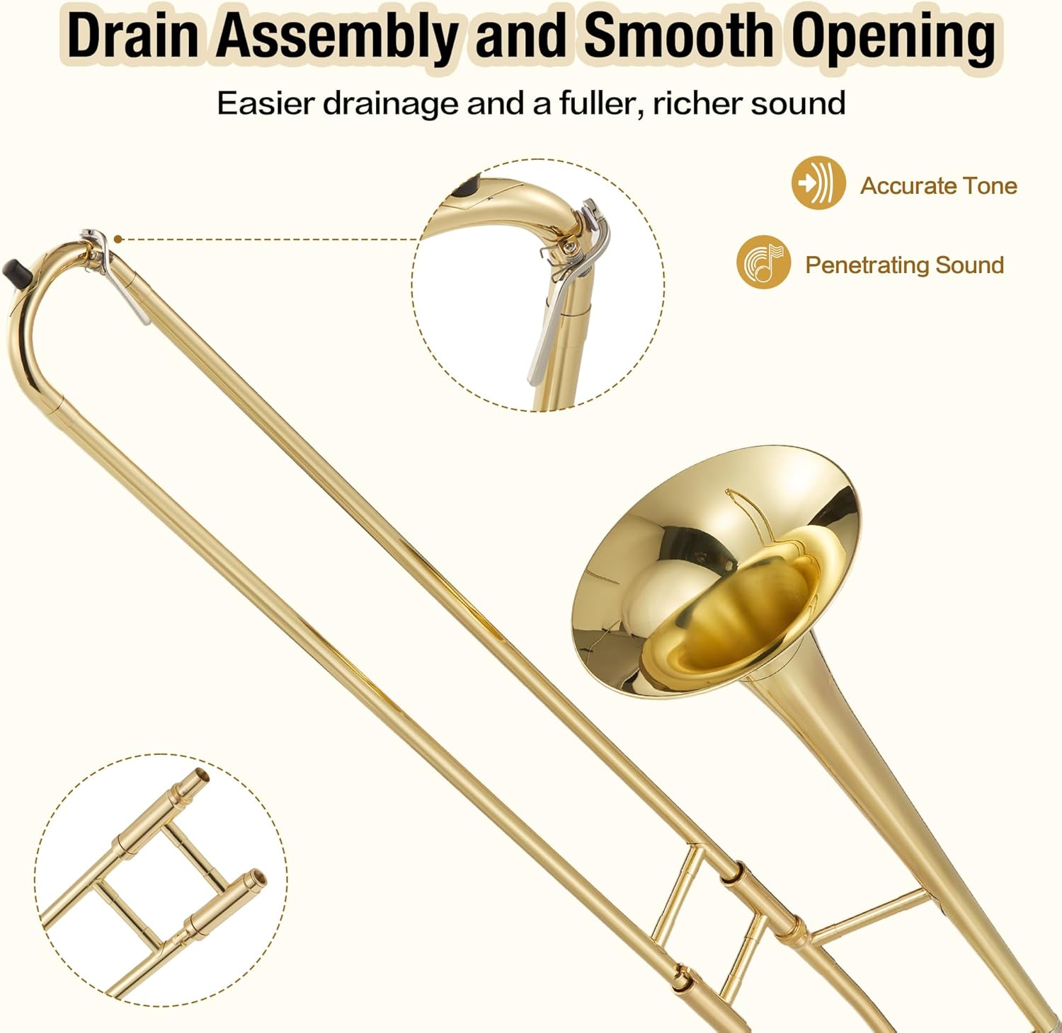 A Nickel-Plated Copper Tube Trombone in the Key of b-Flat, Suitable for Beginners. It Comes with a Mouthpiece, Sleeve, Cleaning Cloth and Gloves