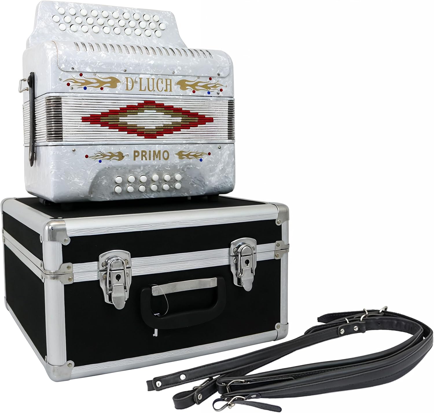 D'Luca Primo Button Accordion 31 Keys 12 Bass on FBE Key with Case and Straps, White