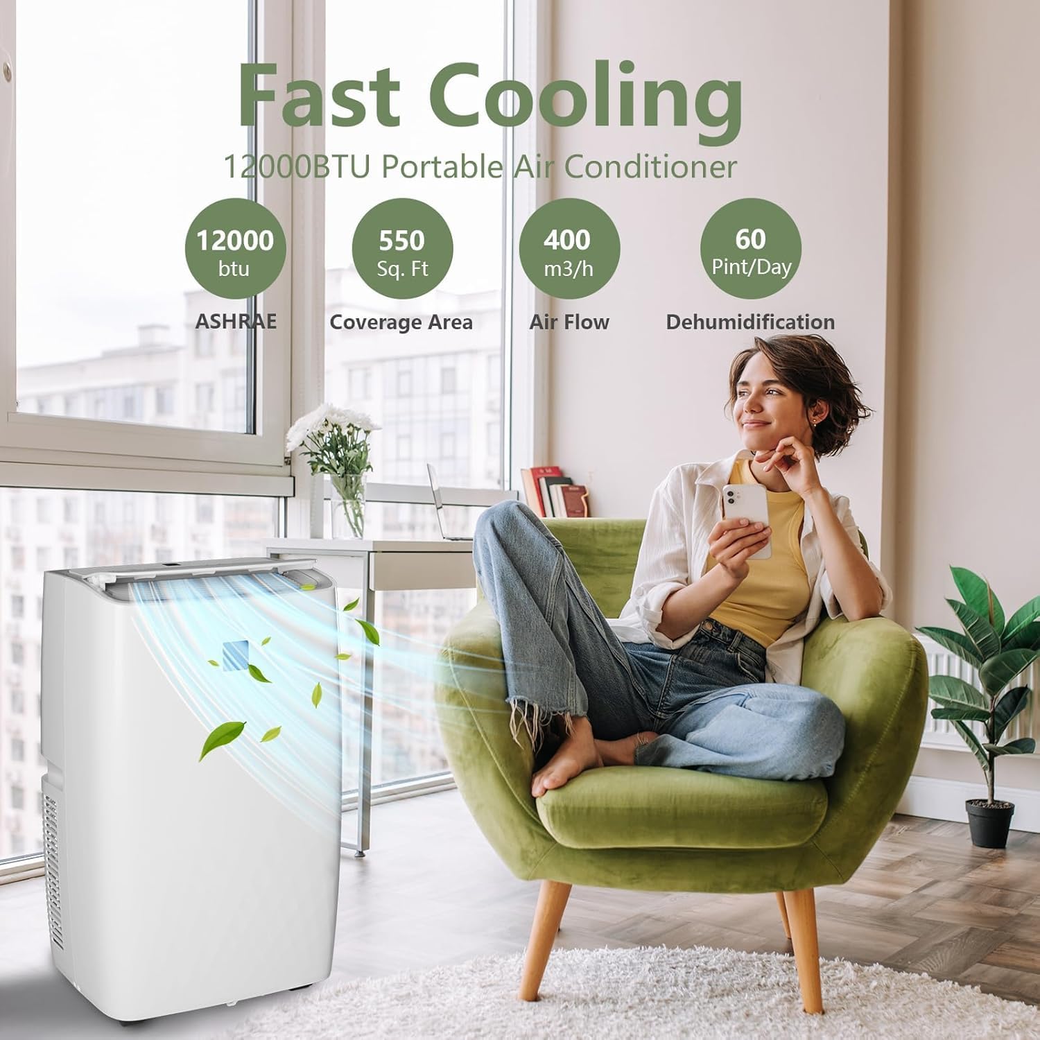 12000 BTU Smart Portable Air Conditioner, Cools Up to 550 Sq.Ft, 4 Modes, Quiet Operation Portable AC Unit with Remote Control, 24Hrs Timer, Ideal for Home,Office,and Dorms