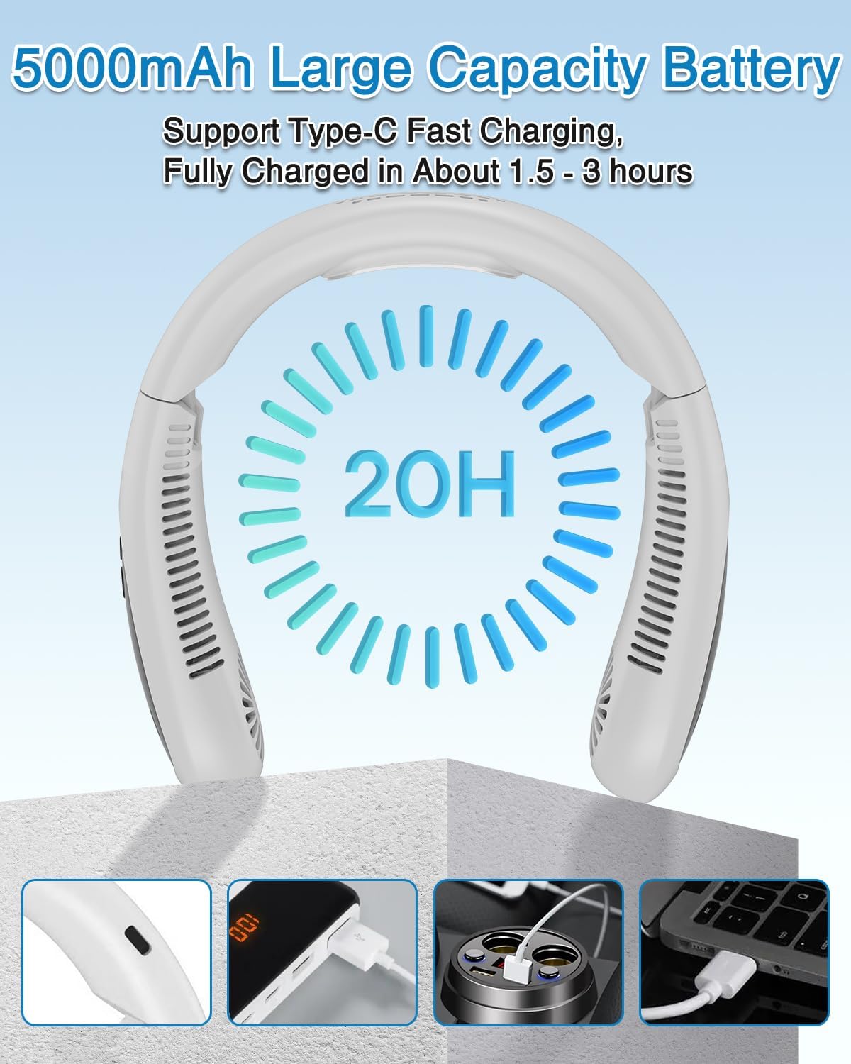 Neck Air Conditioner, 5000mAh Portable Neck Fan, Bladeless USB Neck Fan with Semiconductor Cooling Airflow, Portable Rechargeable, 3 Speeds, LED Display, Personal Fan for Outdoor Travel
