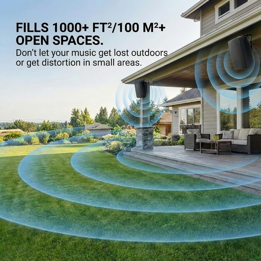 Herdio 8 Inch 600W Outdoor Speakers Passive Waterproof Wired with Powerful Bass, Wall Mount Durable Loud Sound System | Ideal for Large Spaces: Commercial Areas, Spacious Backyards, Auditorium (Black)