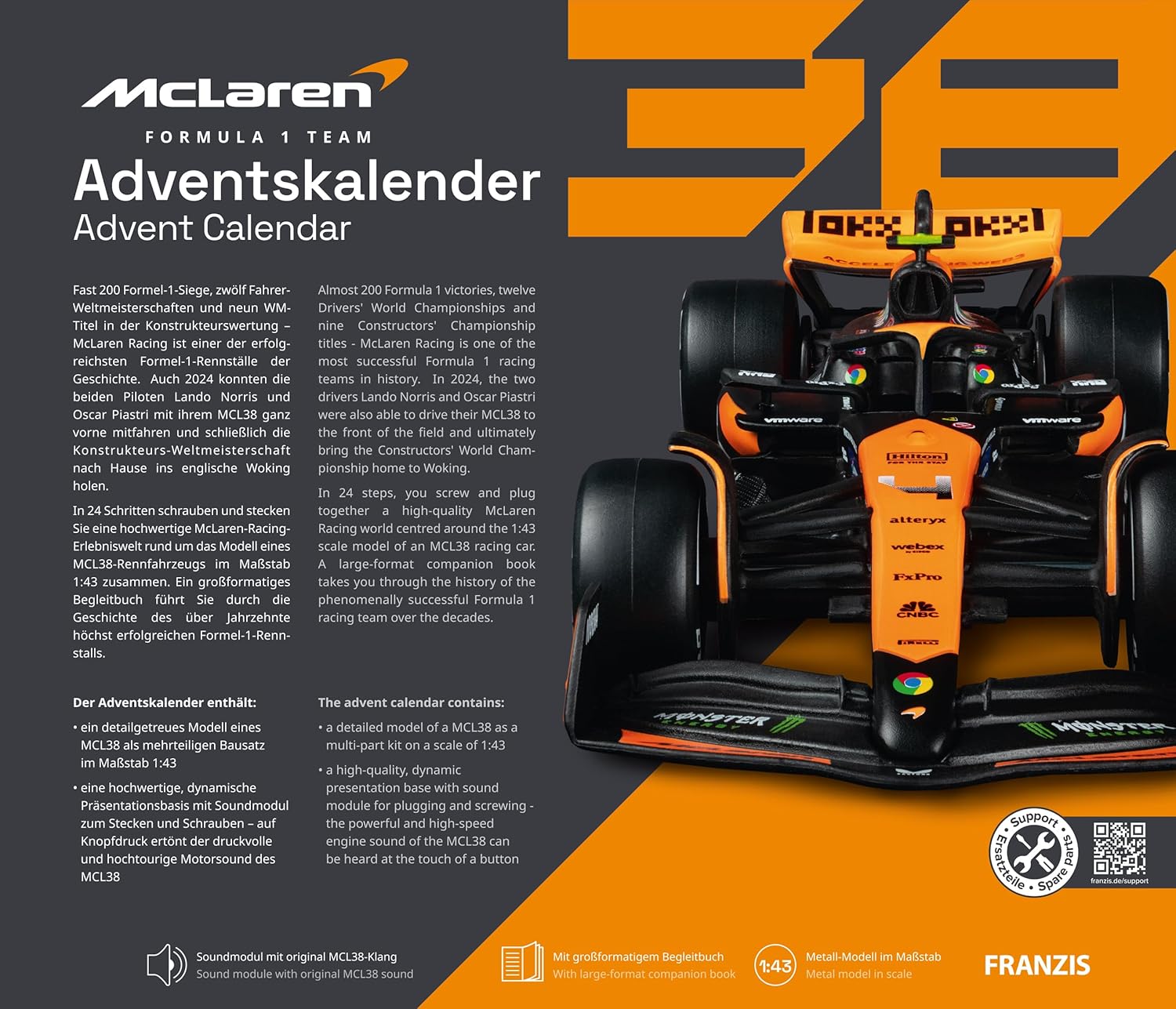 FRANZIS 67391 McLaren Racing Advent Calendar 2025 Model Kit in Scale 1:43 Includes Sound Module and 52 Page Accompaniment Book