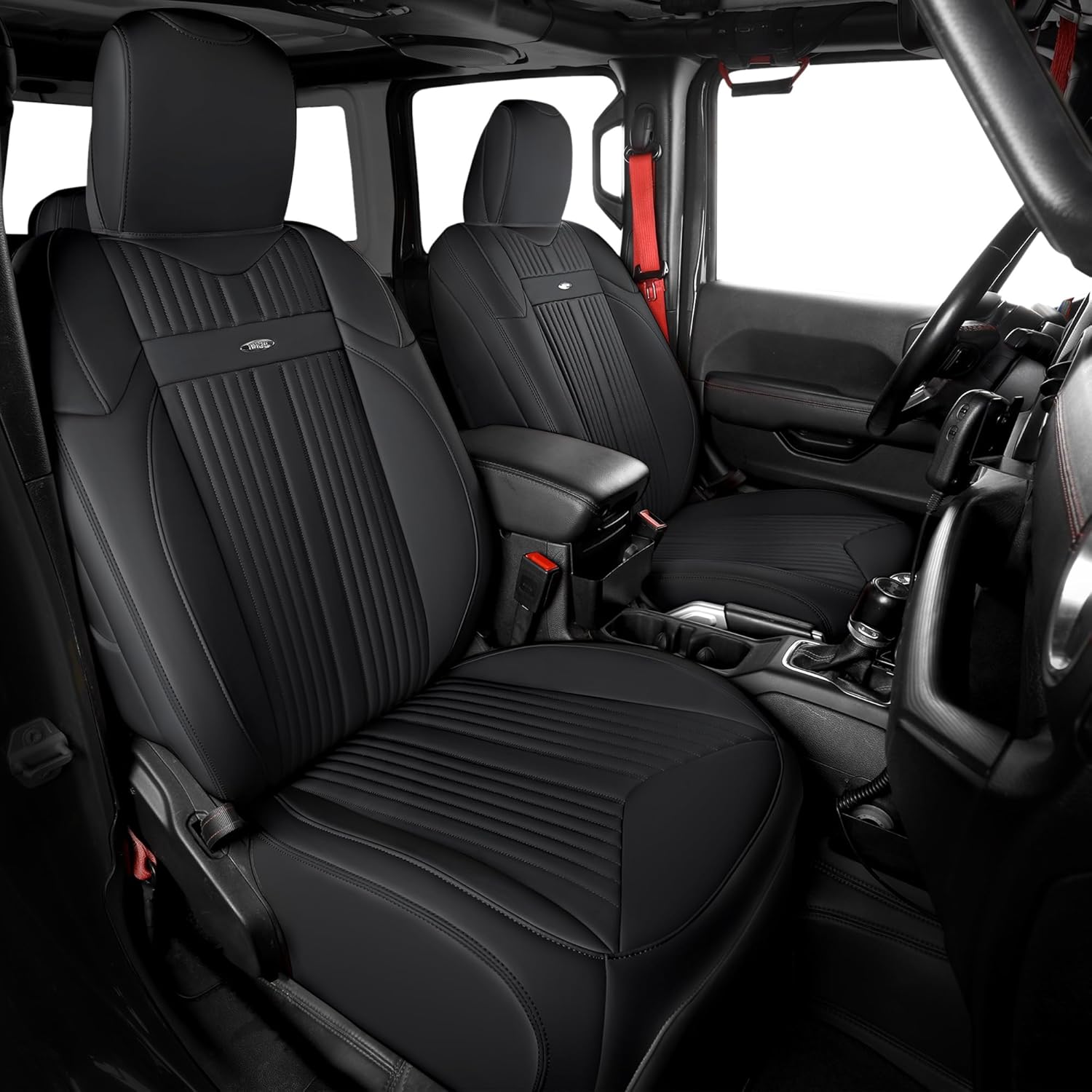 FREESOO Custom Seat Covers Full Set for Jeep Wrangler 4 Door 2018-2025 JL Accessories Sahara Altitude Rubicon 392 X High Altitude Unlimited, with Rear Cup Holder (Black)