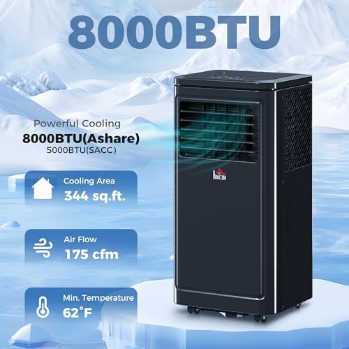 HOMCOM 8000 BTU Portable Air Conditioner, for Rooms Up to 344 Sq. Ft., 3-in-1 Portable AC Unit with Dehumidifier, Cooling Fan, Sleep, 24H Timer On/off, Remote, Window Installation Kits, Black