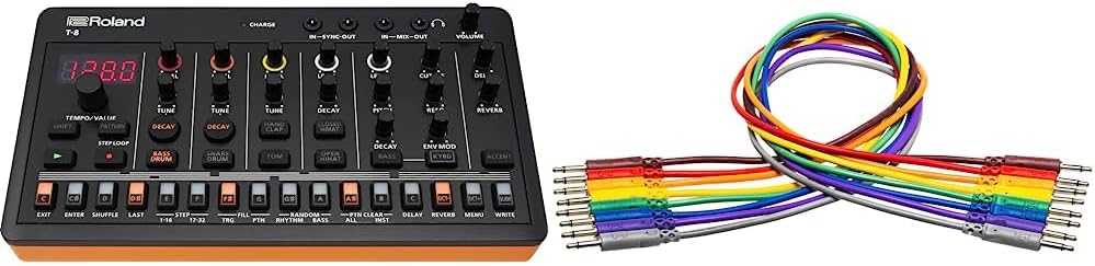 Roland AIRA Compact T-8 Beat Ultra-Portable Bass Machine Sounds | TR-REC Drum Sequencer | Six Rhythm Tracks & Hosa CMM-845 3.5 mm TS to 3.5 mm TS Unbalanced Patch Cables, 1.5 Feet