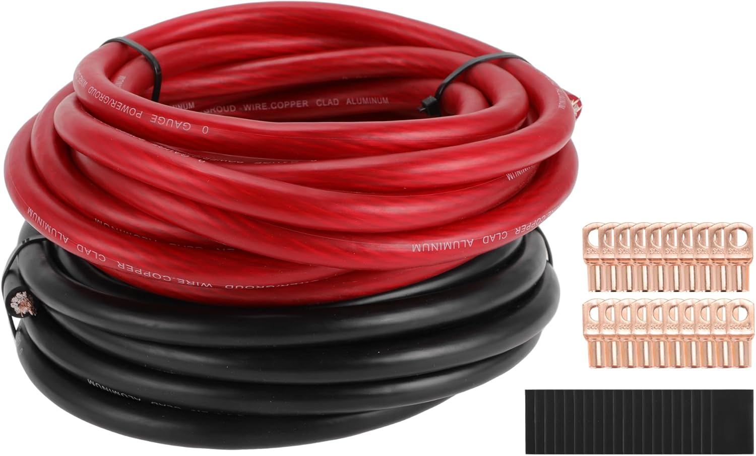 Motoforti 1/0 Gauge Ground Wire with Lugs& Heat Shrink Wrap Copper Clad Aluminum CCA - Car Amplifier Power & Ground Cable for Car Audio Speaker, 20 Feet Each-Black,Red