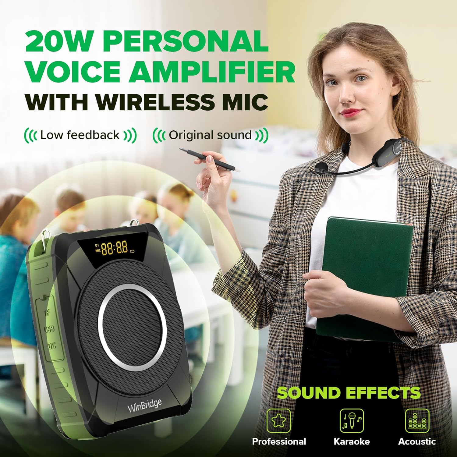 Bluetooth 5.0 Voice Amplifier with Wireless Mic Headset, Waterproof Personal Microphone Wireless Voice Amplifier, 20W Loudly Portable Megaphone PA System for Teachers, Safety Drills, Outdoors Indoors