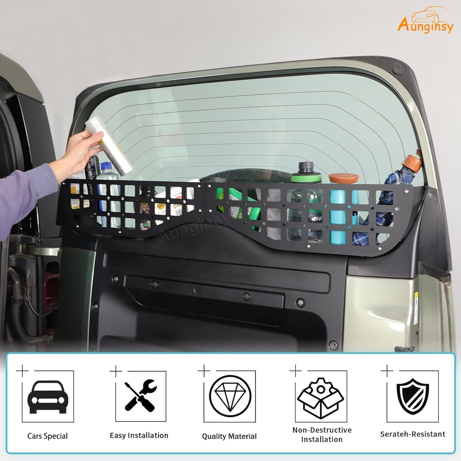 Car Rear Tailgate Window Molle Storage Panel Shelf Compatible with Land Rover Defender 90/110/130 2020-2025 2026, Rear Trunk Door Window Organizer Storage Bracket Cargo Rack Modular System Accessories