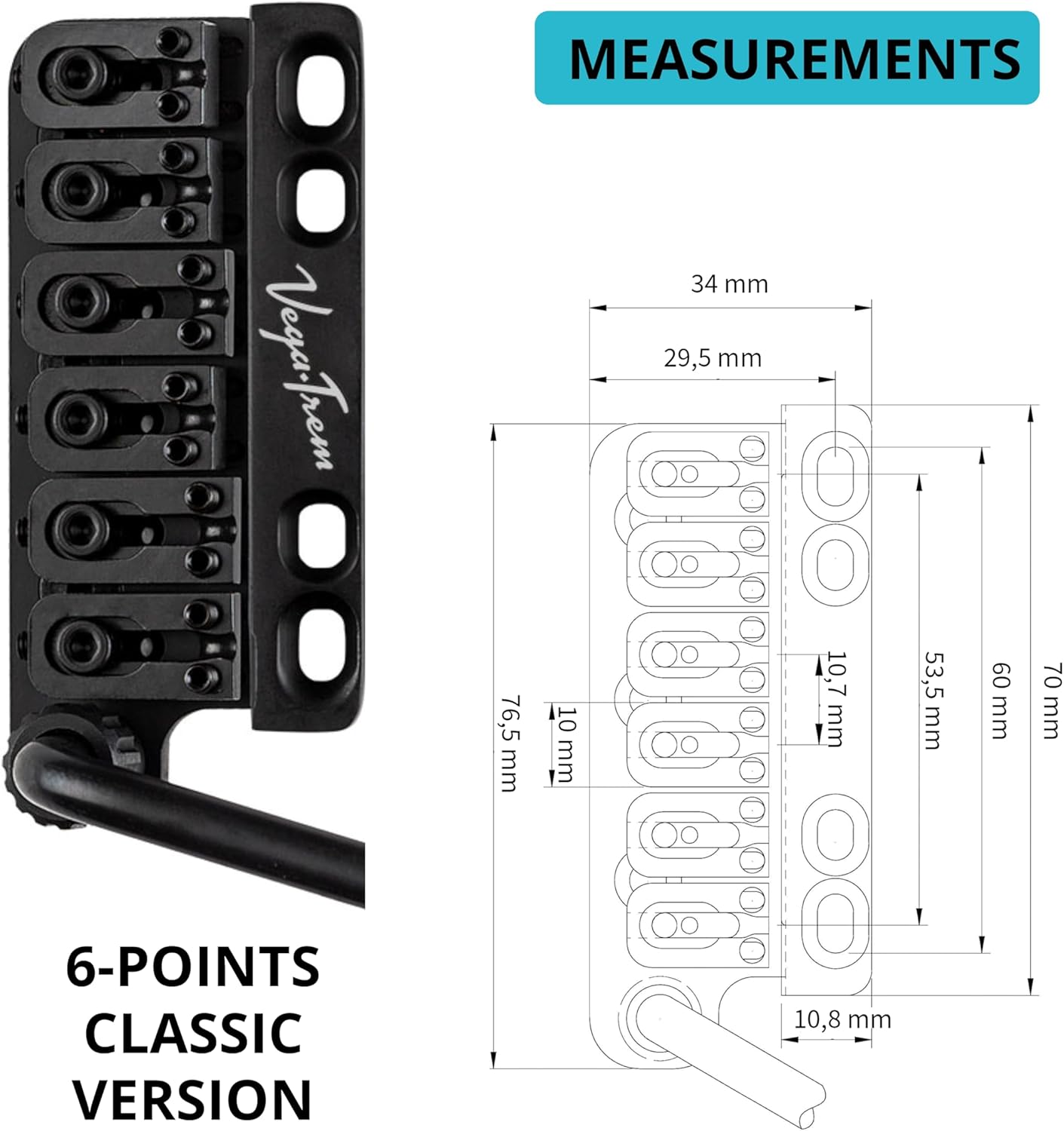 Vega-Trem VT1 Standard 6-Screw Black Stratocaster Guitar Tremolo and Vega-Trem VT2ND Teletrem Classic Telecaster Guitar Tremolo bundle - Bridge For Strat Bridge For Tele with logo