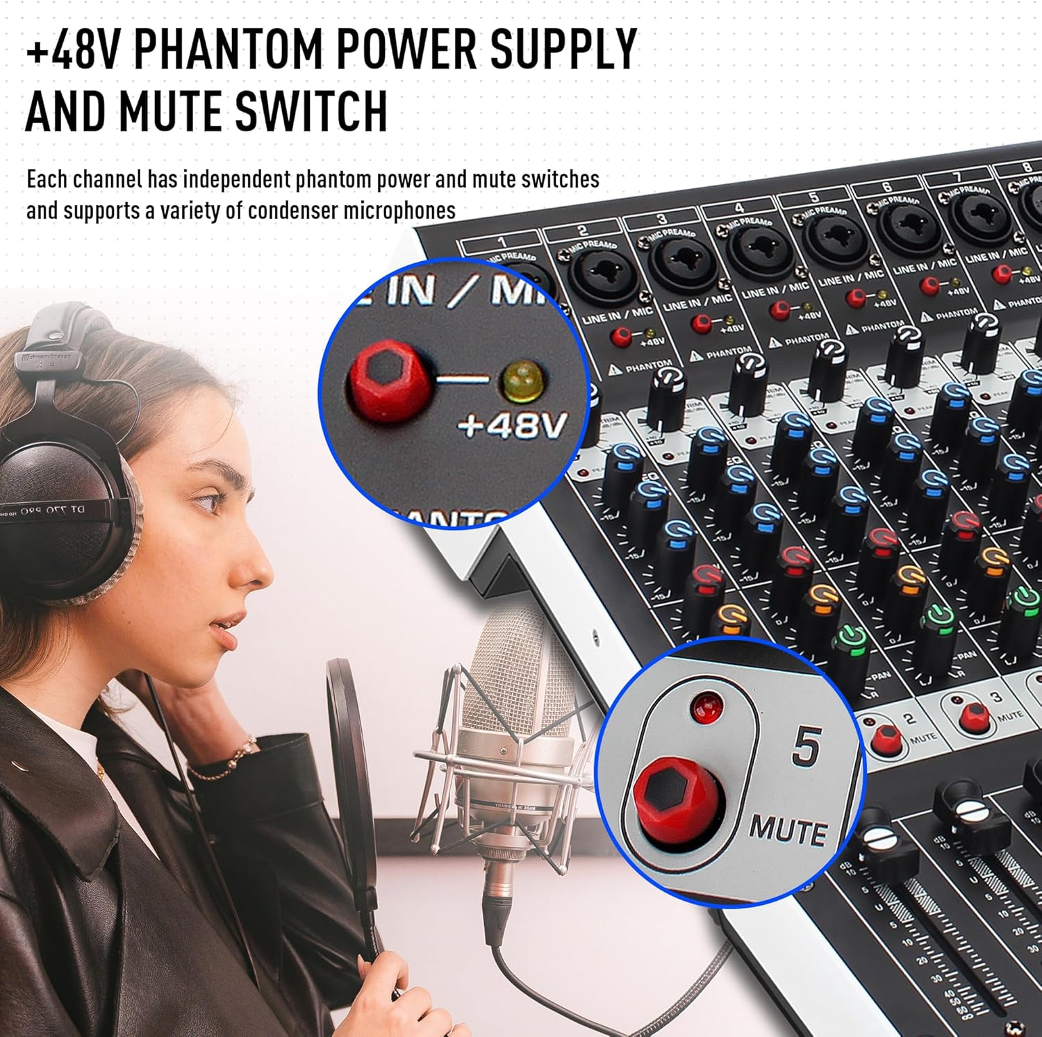 8-Channel Professional Audio Mixer Sound Board Console 99 Bit DSP Digital Processor w/USB Bluetooth MP3 for PC Recording Input, XLR Microphone Jack, 48V Power, DJ Mixer