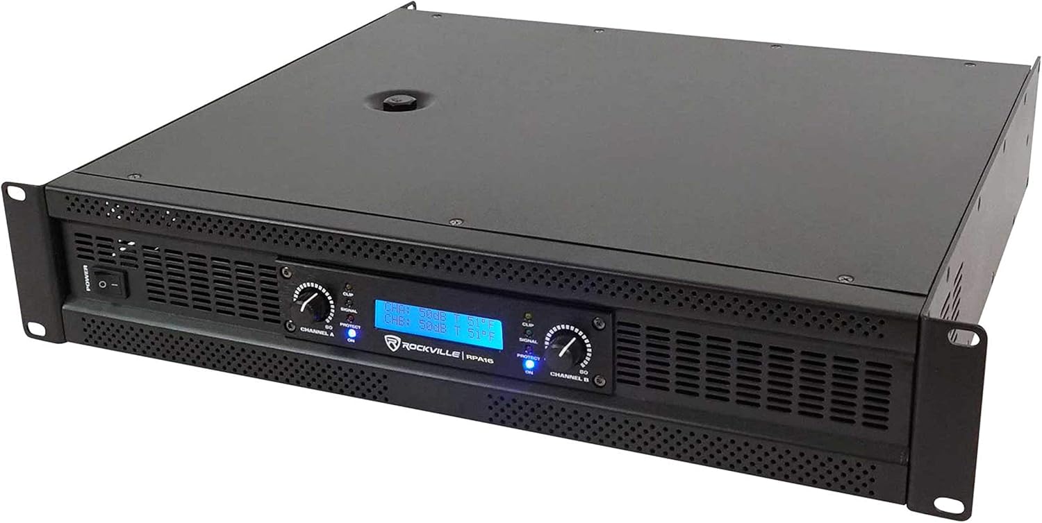 Rockville RPA16 10000W Peak/3000W RMS 2-Channel Power Amplifier, Bridgeable, Built-in Crossover, Limiter, LCD Display, XLR/Speakon/Banana Outputs, for Pro Audio and DJ