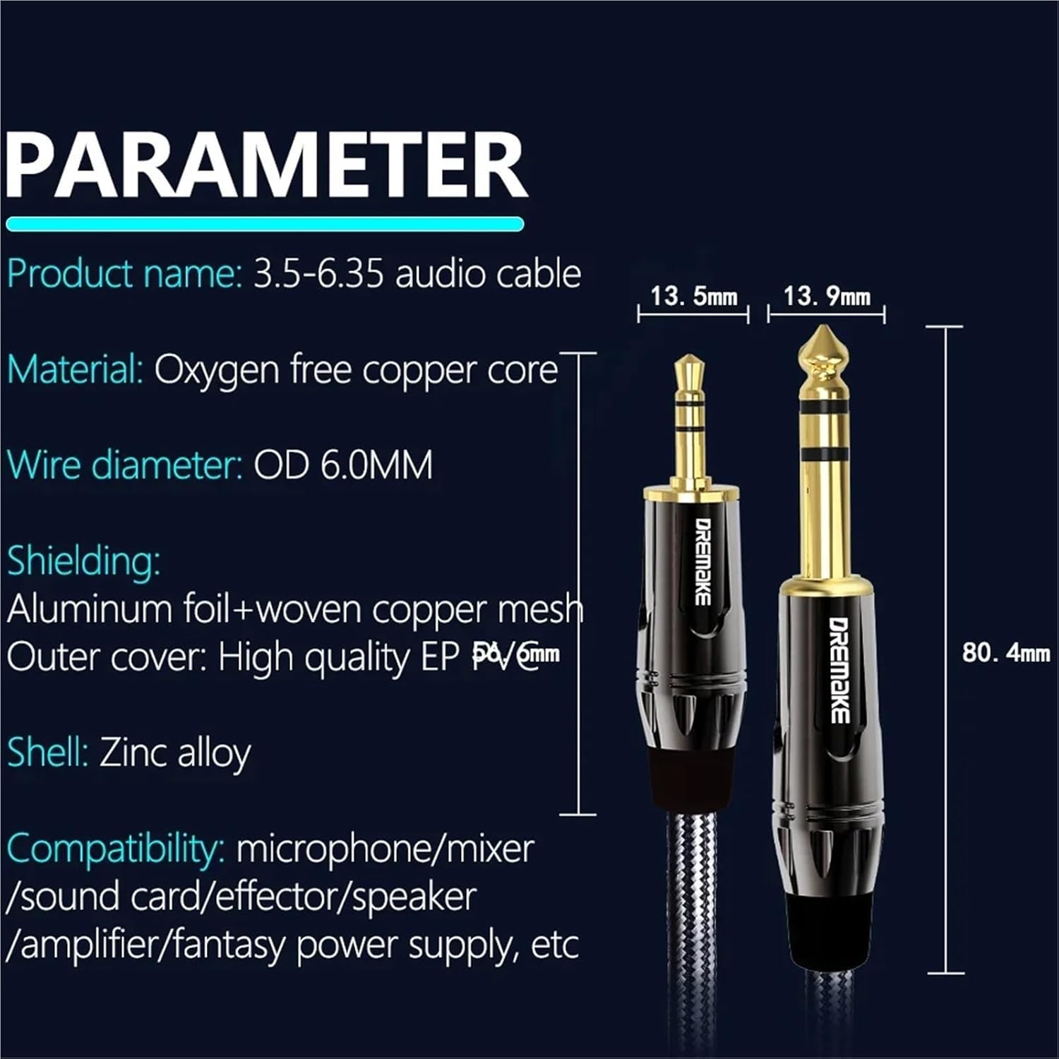 3.5 To 6.35 Stereo Audio Cable 1/8 Inch Male TRS To 1/4 Inch Male TRS Cord for Guitar Piano Amplifier Home Theater(3m)