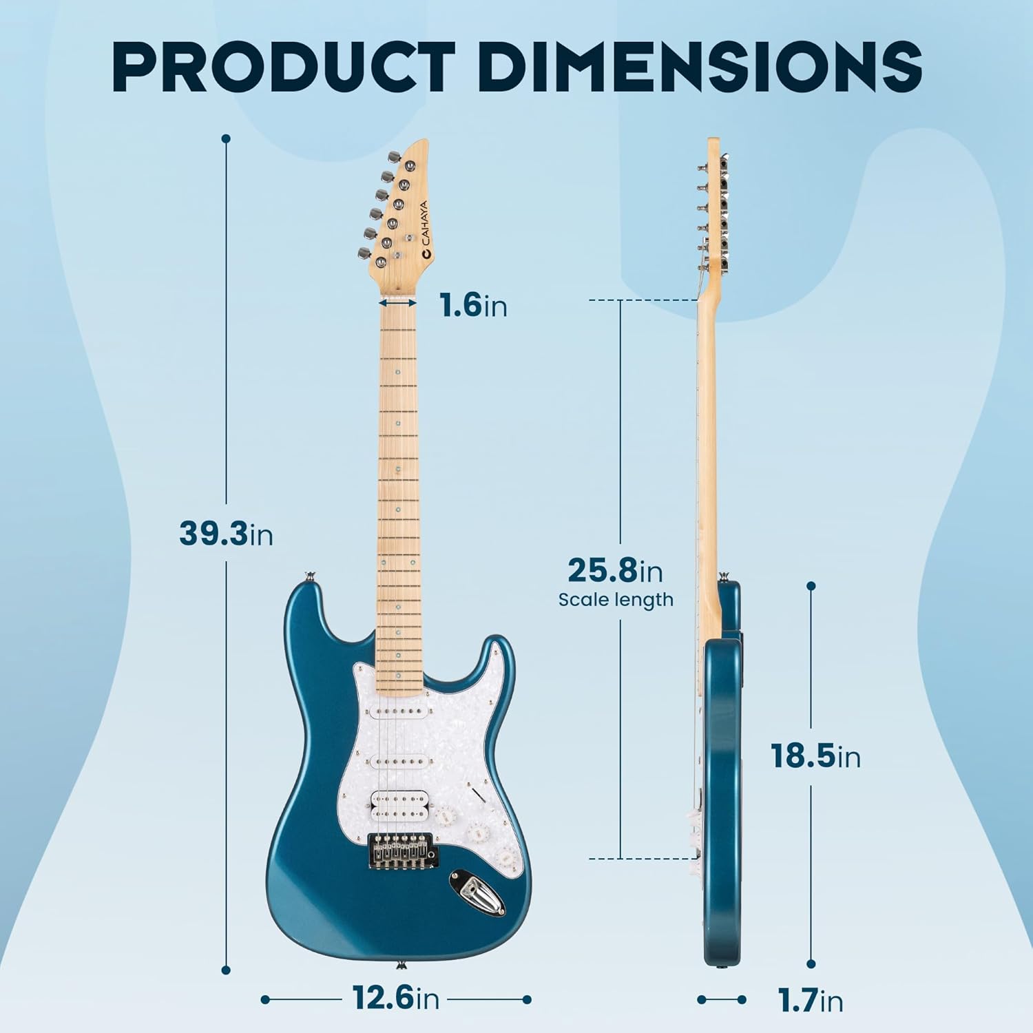 CAHAYA Electric Guitar Set Beginner - 39in Starter Guitar Kit with HSS Pickup Solid Okoume Body Electric Guitar Adults with Amplifier Gig Bag Strap Picks Strings Cable Blue