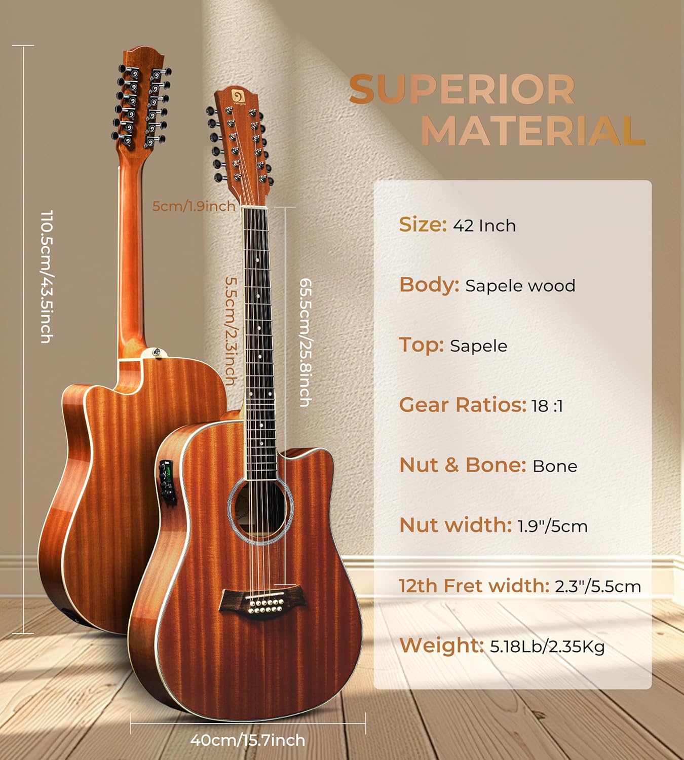 Vangoa 12 String Guitar Acoustic Electric, Upgraded Guitar 12 Strings Bundle for Beginner Intermediate Adults Teens, Guitarra de 12 Cuerdas, Sapele Body Bone Nut, Brown Glossy