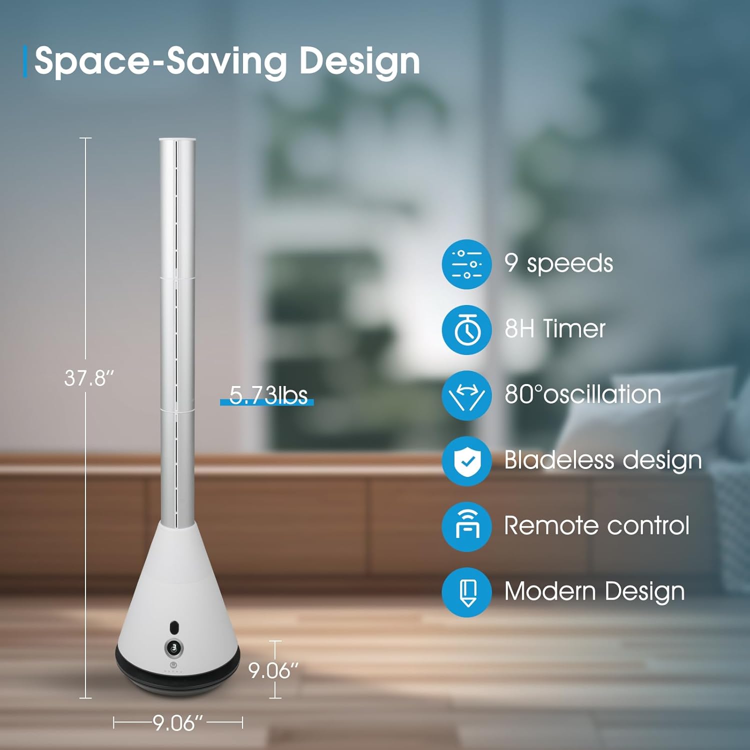Bladeless Tower Fan with 9 Speeds, 80° Wide Oscillating Cooling Fan, Electric Standing Floor Fan with 8H Timer, Space-Saving Design for Bedroom Office