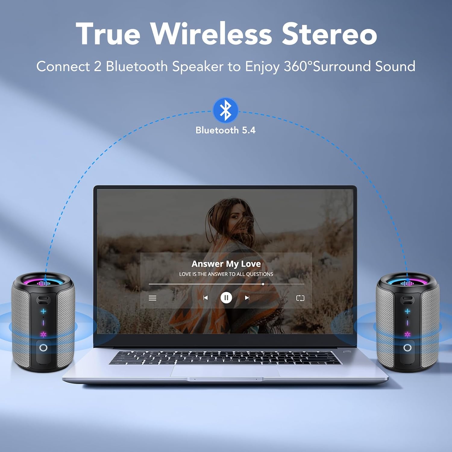 Portable Bluetooth Speaker with Lights, Bluetooth 5.4 Speaker, Powerful Crystal Clear Sound,All Day Playtime,15W Loud Stereo Sound, IPX7 Waterproof,TWS pairing for Outdoor/Home/Party/Travel,Gray