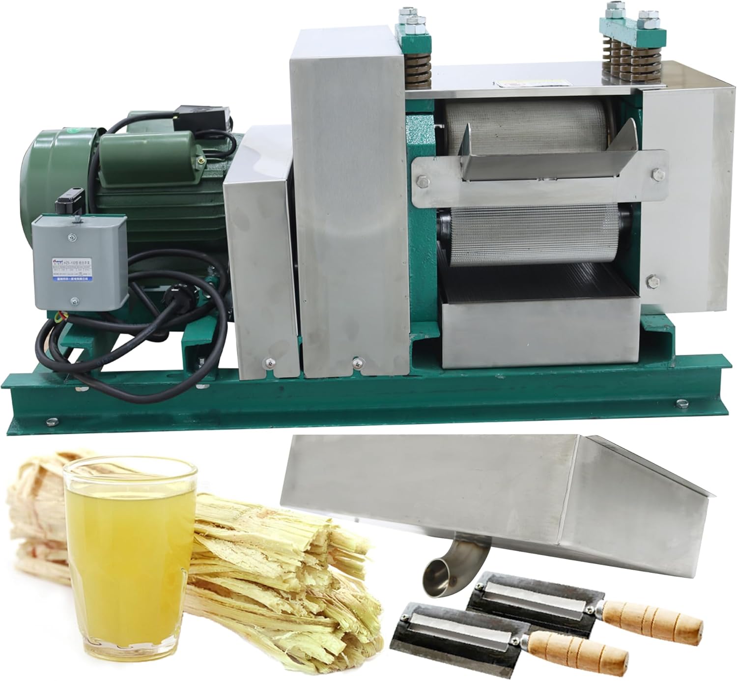Commercial Electric Sugarcane Juicer 3-Roller Industrial Sugar Cane Press Machine 1760LBS/H High Output 220V Horizontal Stainless Steel Cane Juice Extractor Squeezer Auto Gap Adjustment