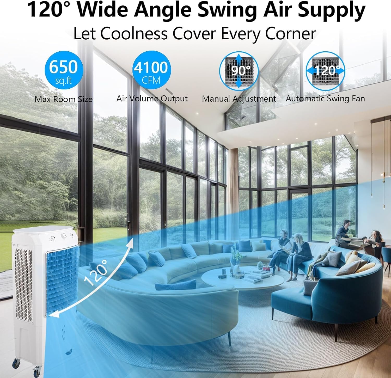 Evaporative Air Cooler, 4100CFM Swamp Cooler Air Conditioner with 4 Ice Packs & Remote Control, 3 Modes & Wind Speeds, 12H Timer, 8.4 Gallon Water Tank, for Outdoor, Indoor, Garage (15.8 Gallon)