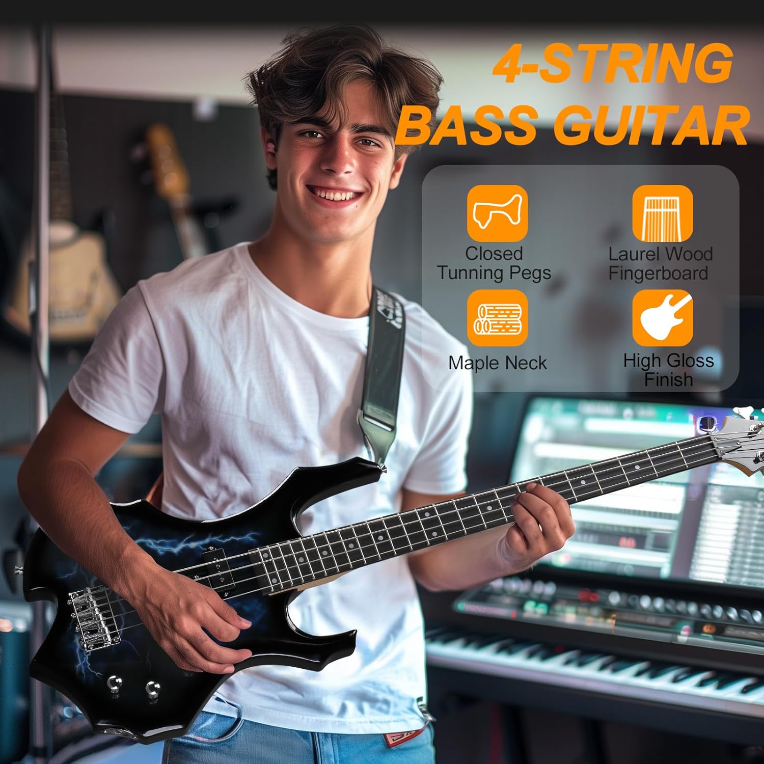 Ktaxon Electric Bass Guitar Full Size Flame Design Bass Set with 20 Watt Amplifier, Portable Bass Bag, Superior Amp Wire, Adjustable Guitar Strap, Plectrum, Wrench Tool(Lightning)