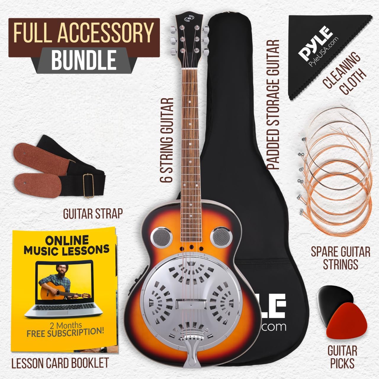 Pyle Resophonic Acoustic-Electric Guitar - 6-String Sunburst with Built-in Preamp, Case, Accessories