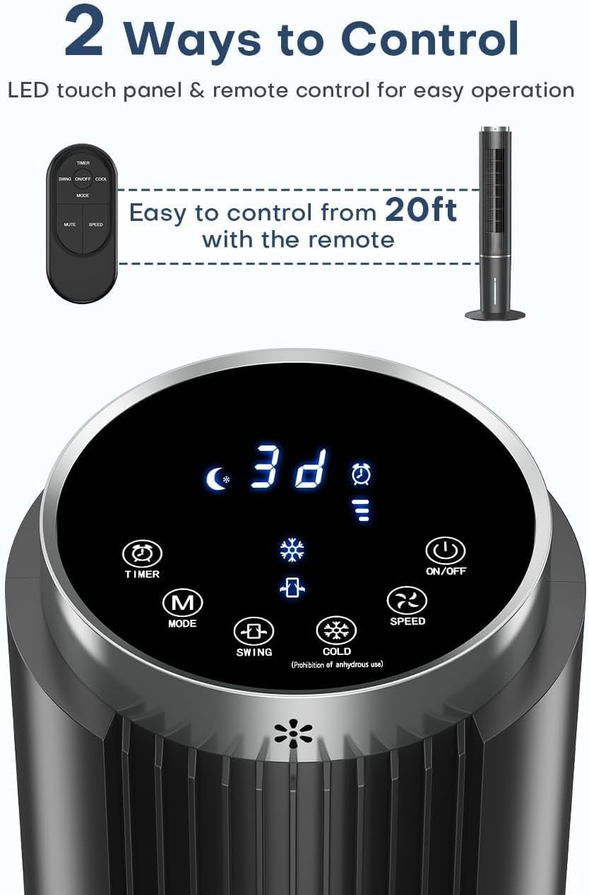 42 INCH Windowless Portable Air Conditioners w/4 Modes & 3 Speeds, 1-Gal Tank for 15H Cooling, 12H Timer, Swamp Cooler Air Conditioner No Window Needed, 90° Oscillating AC Unit for Bedroom