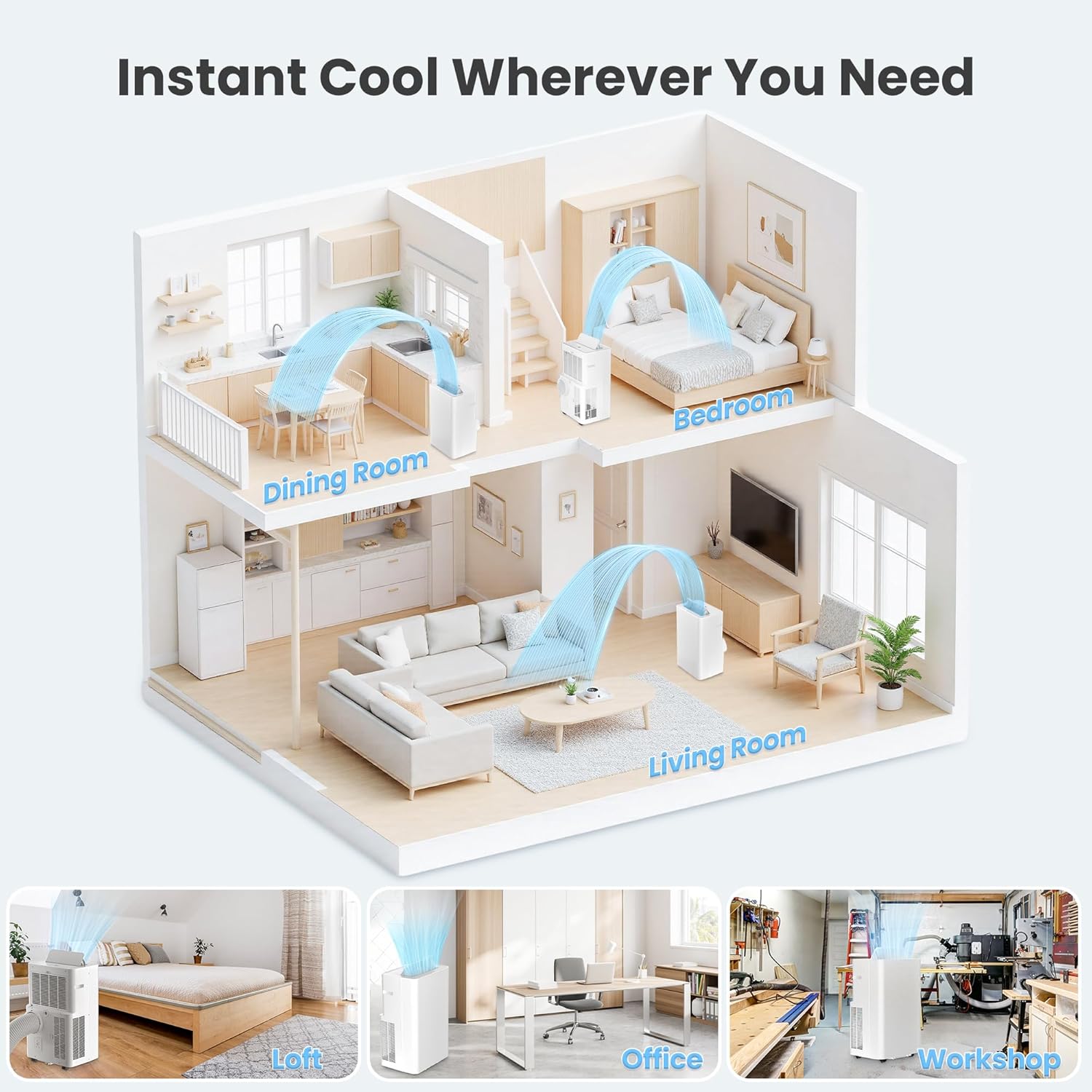 Candy 14,000 BTU Portable Air Conditioner for Rooms up to 700 Sq.Ft,3-in-1 Cooling/Dehumidifier/Fan AC Unit 3 Speed,Auto Swing,Remote Control,Window Kit Included,White