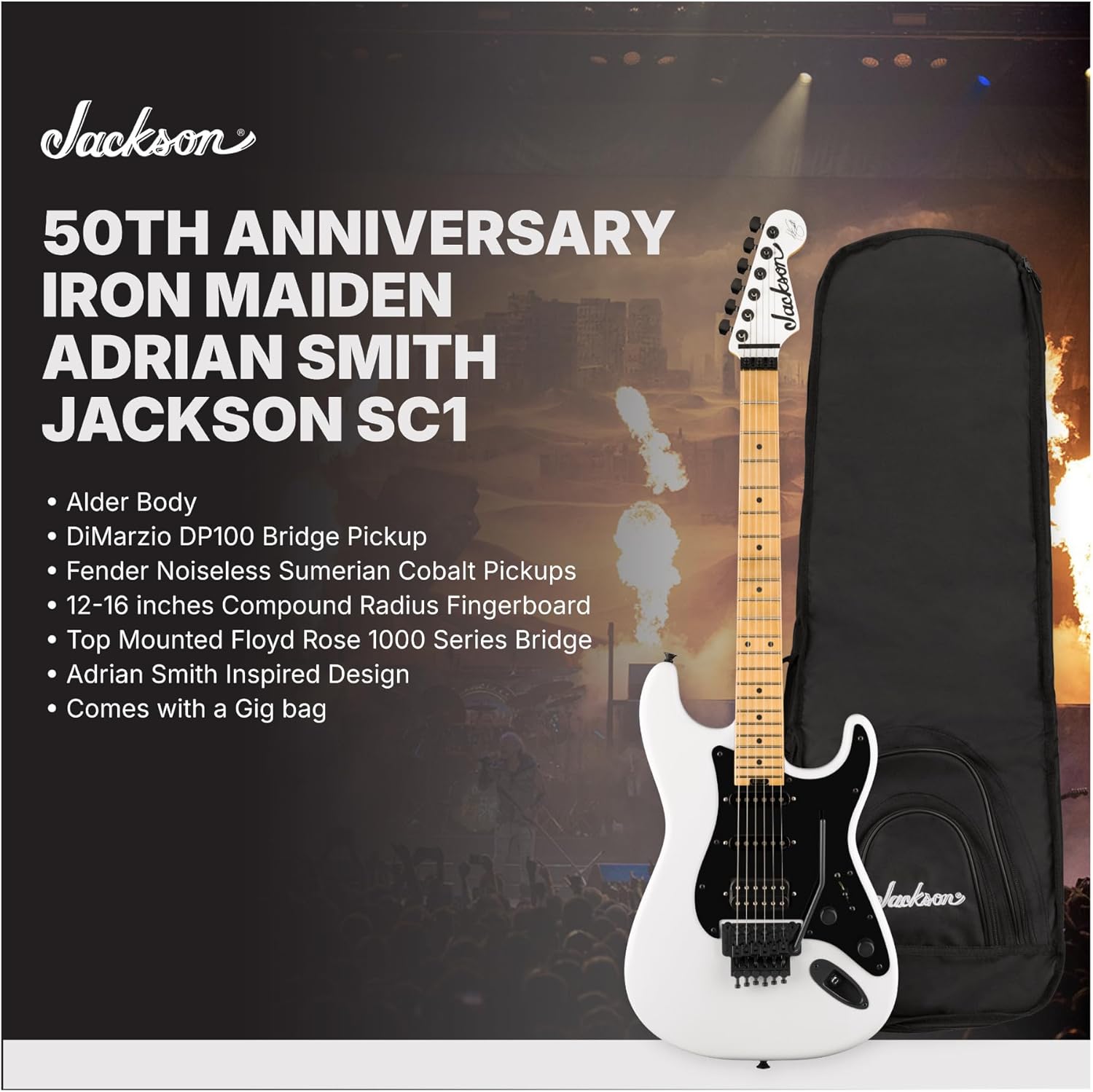 Jackson 50th Anniversary Iron Maiden Adrian Smith Jackson SC1 Right-Handed 6-String Electric Guitar with Alder Body, DiMarzio DP100 Bridge, and Fender Noiseless Sumerian Cobalt Pickups (Snow White)