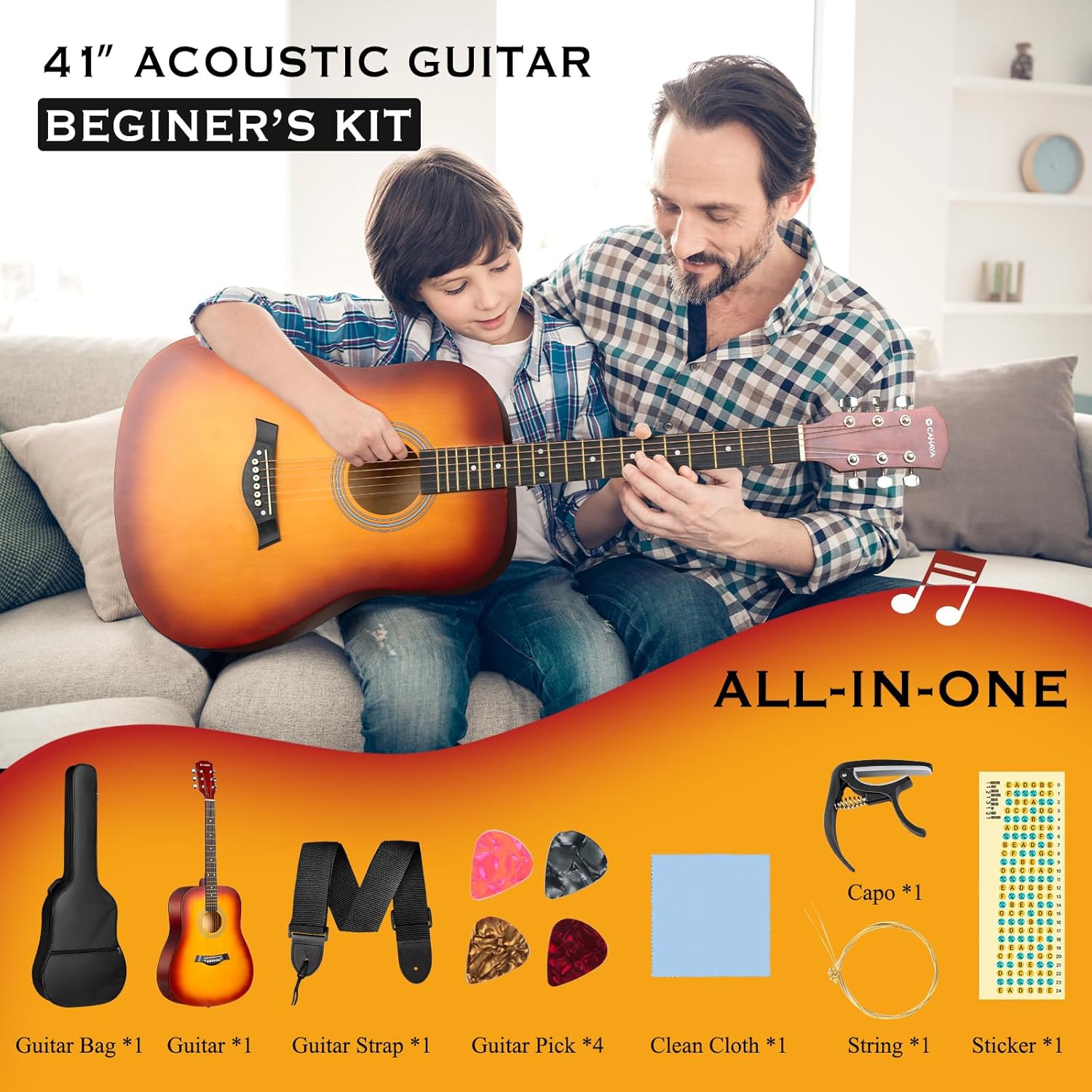CAHAYA Acoustic Guitar For Beginner 41-inch - Full Size Wood Guitar Kit for Kids and Adults with Guitar bag Brass strings Capo String Pick and Clean Cloth for Gift CY0353