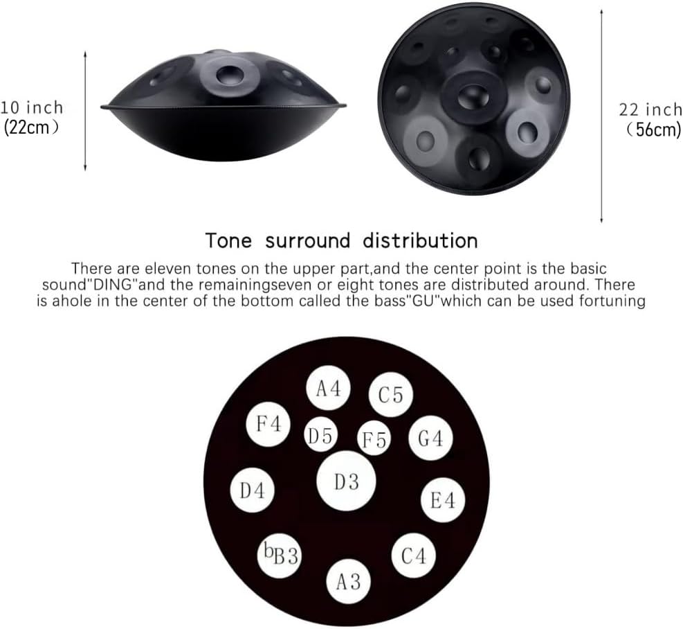 440HZ Steel Drum in 22Inch D Minor 12 Notes Hand Pan Drum Percussion Musical instrument with Soft Hand Pan Bag (12 Notes Black Handpan)
