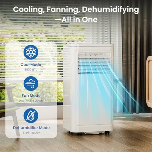ZAFRO Portable Air Conditioners, 8000 BTU, 3 in 1 Portable AC Unit with Window Kits, Fan & Dehumidifier Modes, Cools up to 350 Sq.Ft, LED Display/Remote Control, 24H Timer for Living Room, Bedroom