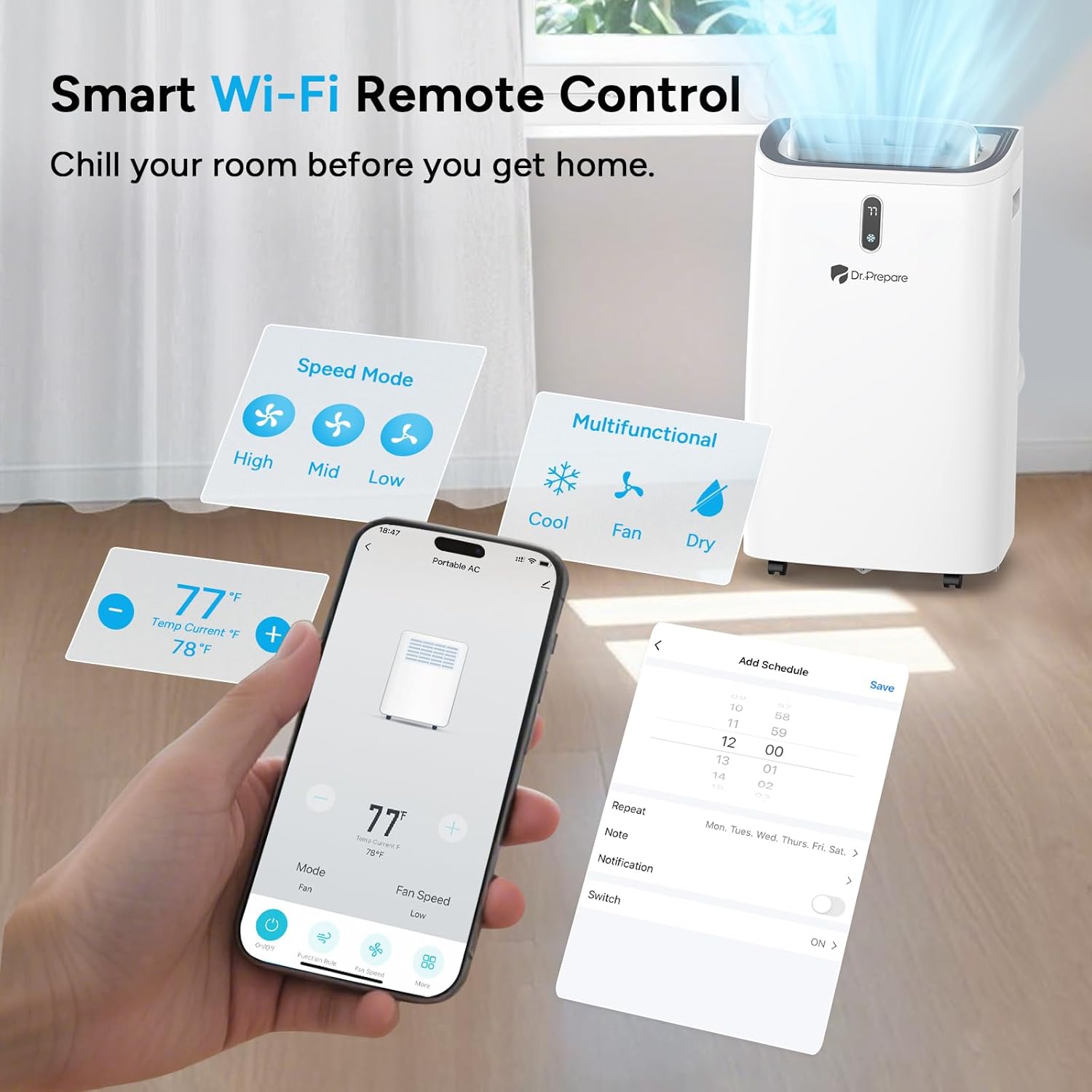 DR.PREPARE 14,000 BTU Portable Air Conditioner with WiFi, 4-in-1 Portable AC Unit with Remote Control, Fast Cooling, 24H Timers, Window kit, Cools Up to 700 sq. ft for Rooms, Bedroom
