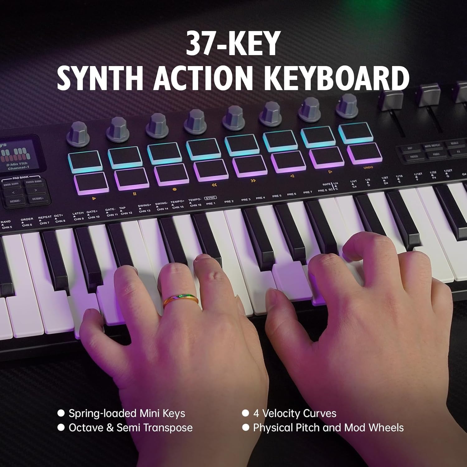 M-VAVE MIDI Keyboard Controller 37-Key 16 Backlit Drum MPC Pads, 8 Knobs，DAW Integration Arpeggiator DAW Software USB/Wireless Connection Professional Music Production Display Screen