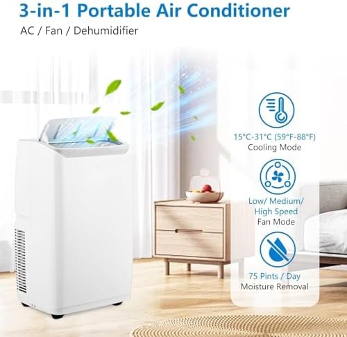 Portable Air Conditioners, 14000 BTU, 3-In-1 Unit Offers Fast Cooling, Dehumidification, Three-Speed Fan for Rooms Up to 750 Sq. Ft, with a 24-Hour Timer, Remote Control, and Operates Quietly