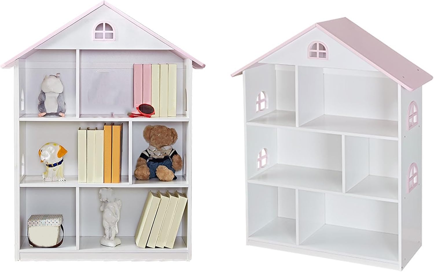 Wooden Dollhouse Bookshelf, 3 Tier Pink and White Kids Bookcase Toy Storage Organizer, Doll House Bookcase for Childrens Bedroom Playroom Nursery Classroom for Boys Girls Ages 3-8 Years Old