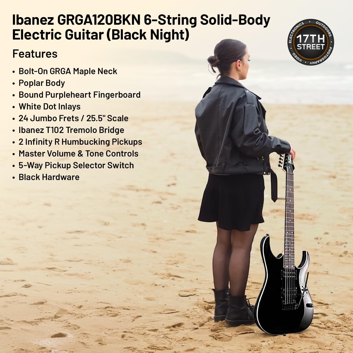 Ibanez 6-String Solid-Body Electric Guitar (Black Night) - Right Handed Bass with GSF50 Powerpad Strap, String Capo, 15 Pack Guitar Picks with Storage Box & Microfiber Cleaning Cloth (Bundle Set)